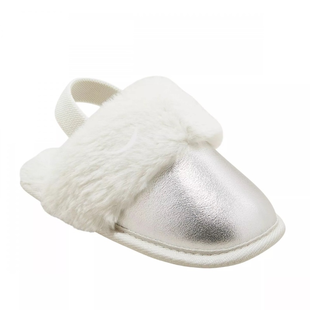 NWT Toddler Silver and White Fur Slippers Size 5/6